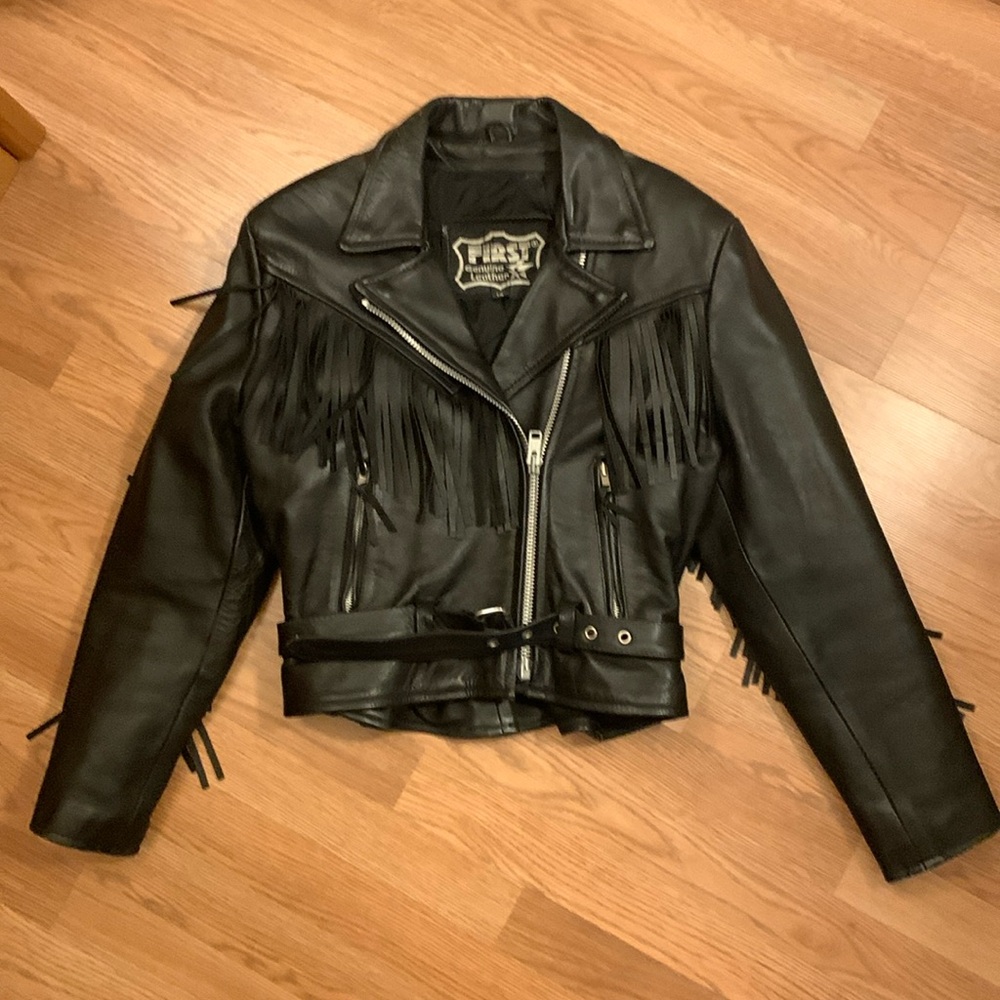 Vintage First Moto Jacket Fringe Black Leather
Belted Waist Retro Biker